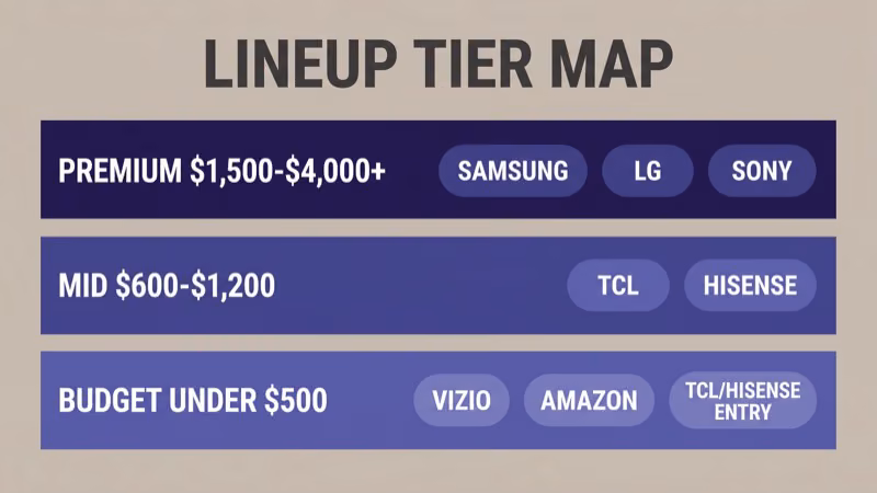 Three-tier lineup map showing premium, mid, and budget TV tiers with brand chips in each tier
