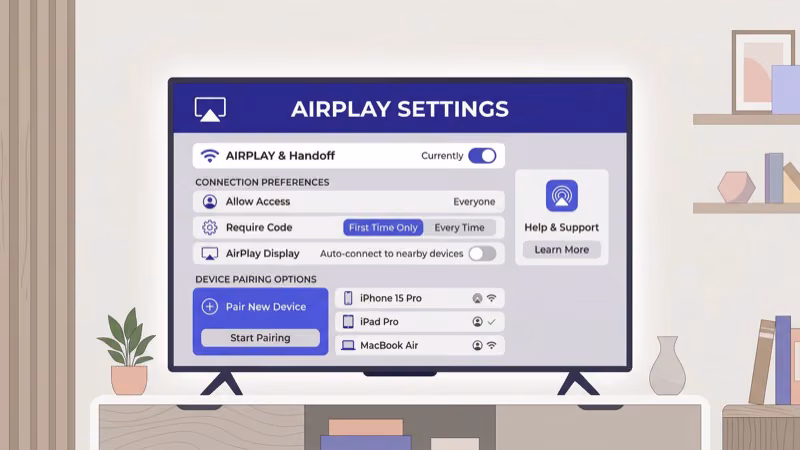 Samsung Smart TV AirPlay settings menu showing require code set to first time only