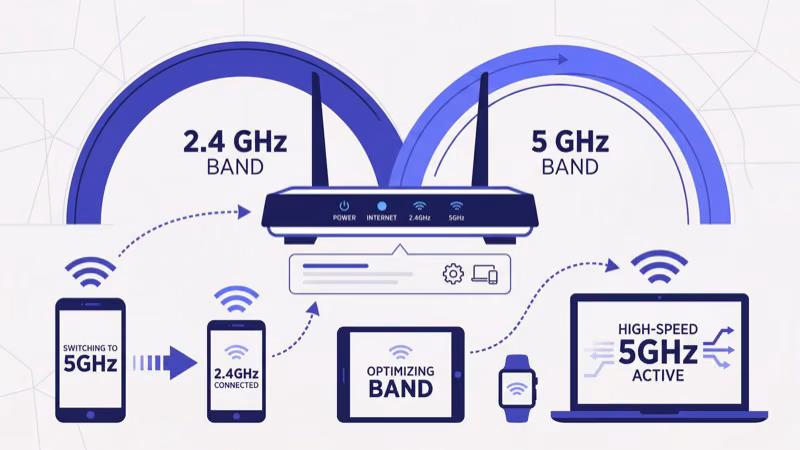 Router dual band WiFi network selection showing 2.4GHz and 5GHz band options