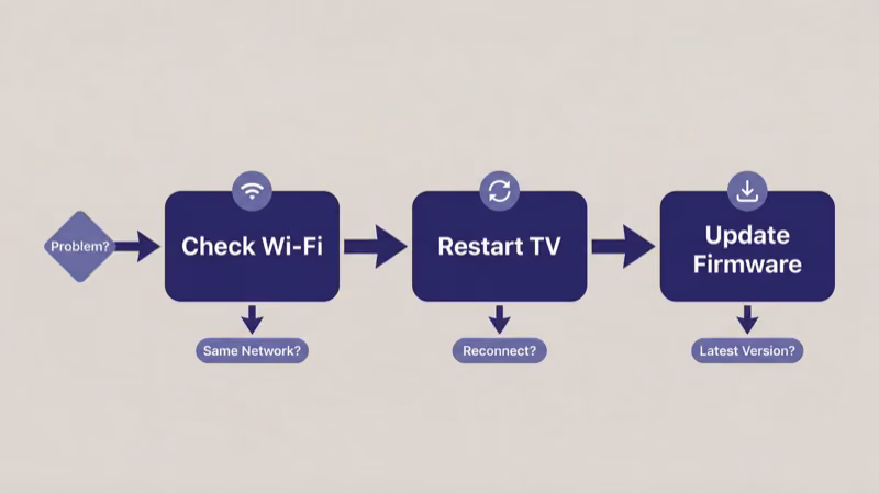 AirPlay troubleshooting checklist showing Wi-Fi network and device list fixes