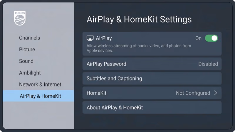 Philips TV settings menu showing Apple AirPlay toggle switched to on