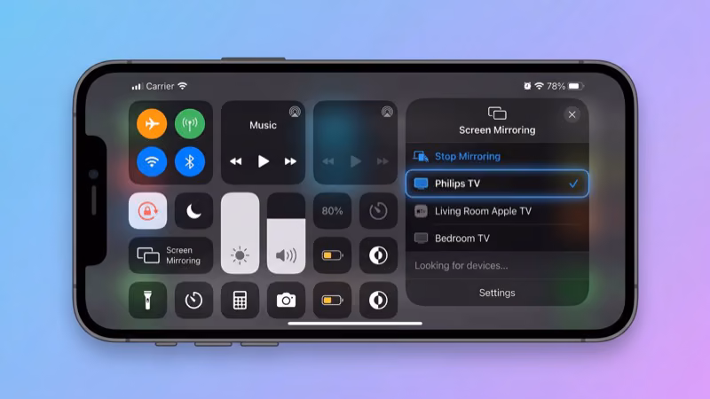 iPhone Control Center showing Screen Mirroring option selecting a Philips TV