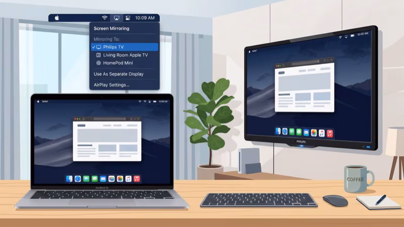 Mac menu bar Control Center open with Screen Mirroring connected to Philips TV