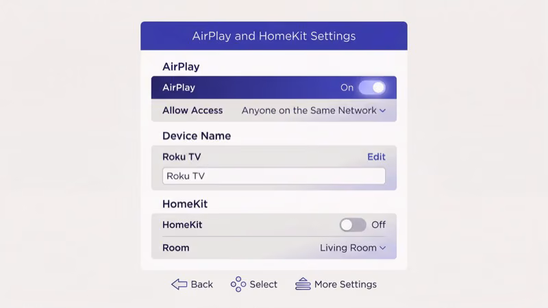 Roku TV settings menu showing Apple AirPlay and HomeKit toggle switched on