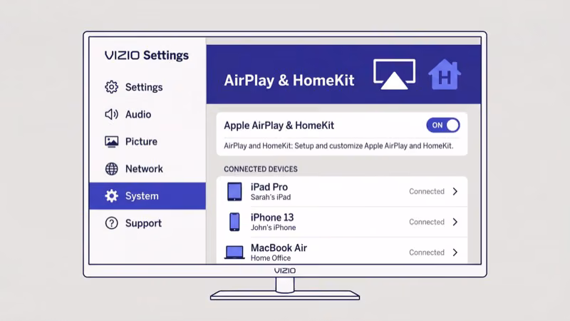 AirPlay settings menu on Vizio TV showing toggle switch enabled
