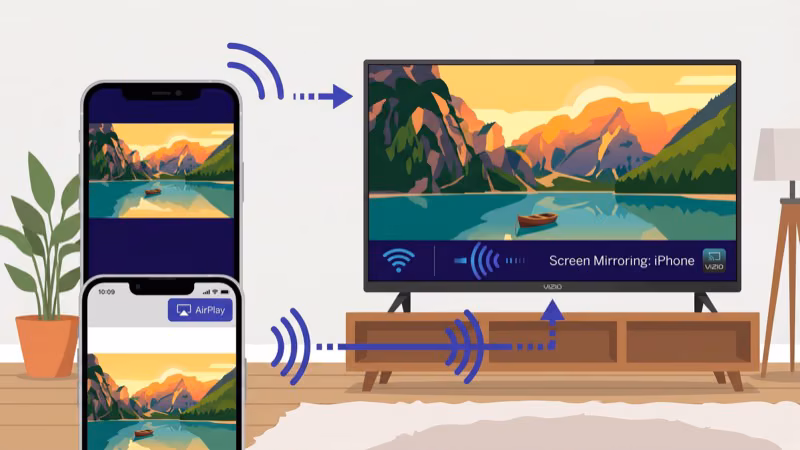 iPhone screen mirroring to Vizio TV showing Control Center options