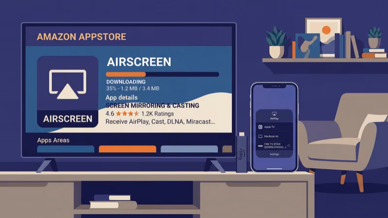 AirScreen app setup on Fire TV Stick showing welcome screen and QR code