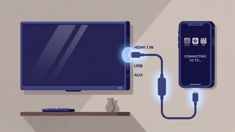 Lightning to HDMI adapter connecting iPhone to hotel TV