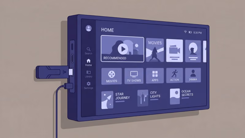 Portable streaming stick plugged into hotel TV HDMI port