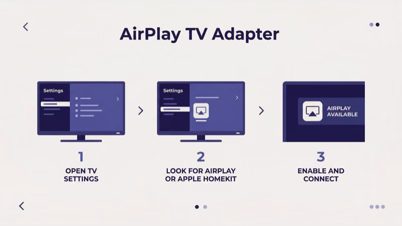 AirPlay adapter setup connecting to TV HDMI port and Wi-Fi network
