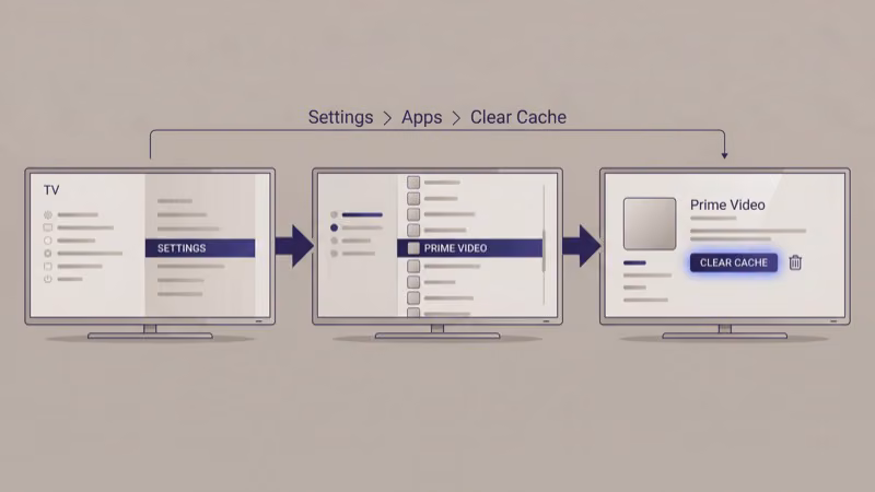Smart TV settings menu showing app cache clearing steps for Prime Video