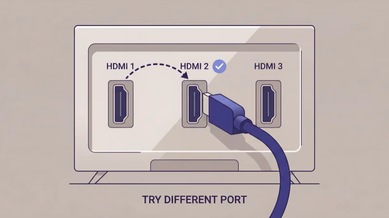 HDMI cable being tested in different TV ports for black screen fix
