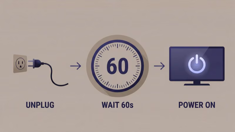 Smart TV power cycle steps with cord unplugged and countdown timer