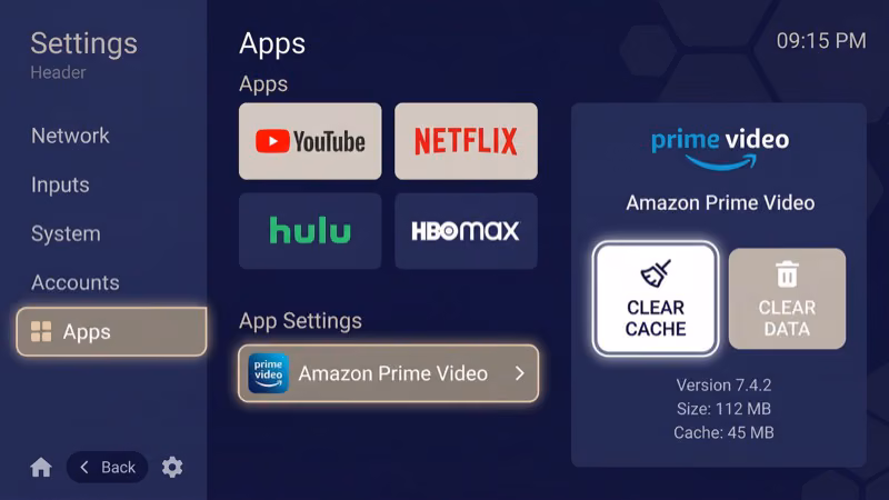 Smart TV settings screen showing Prime Video app cache clear option on Samsung Tizen
