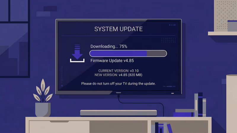 TV software update screen showing firmware version check and install progress bar