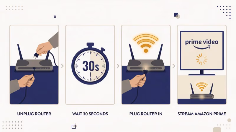 Home router and modem unplugged during 60-second restart to fix Prime Video loading