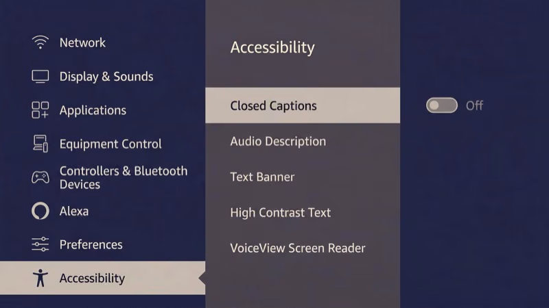 Fire TV Stick accessibility menu showing Closed Captions toggle switched to Off position