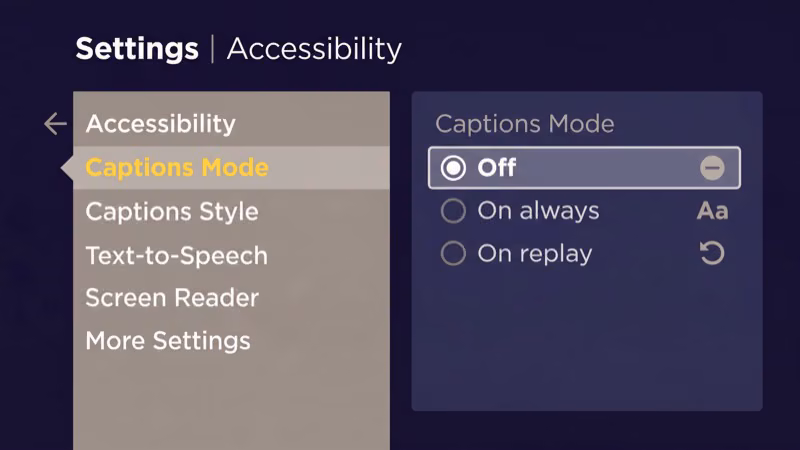 Roku TV accessibility settings showing Captions mode toggle set to Off for Prime Video