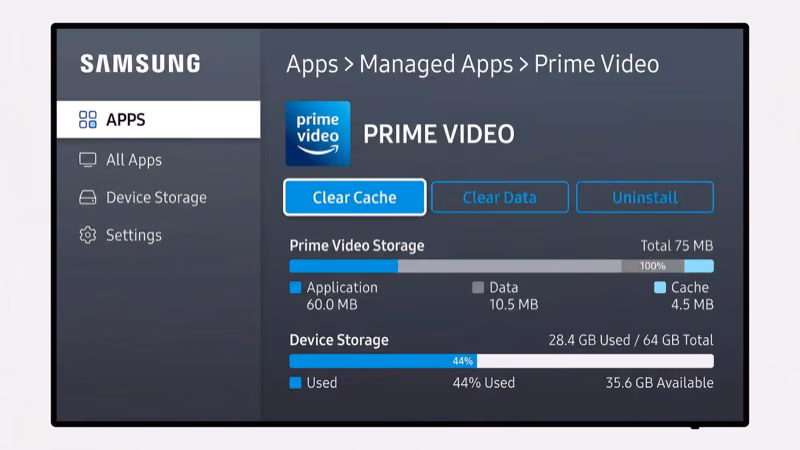 Samsung TV settings menu showing Prime Video cache clearing steps