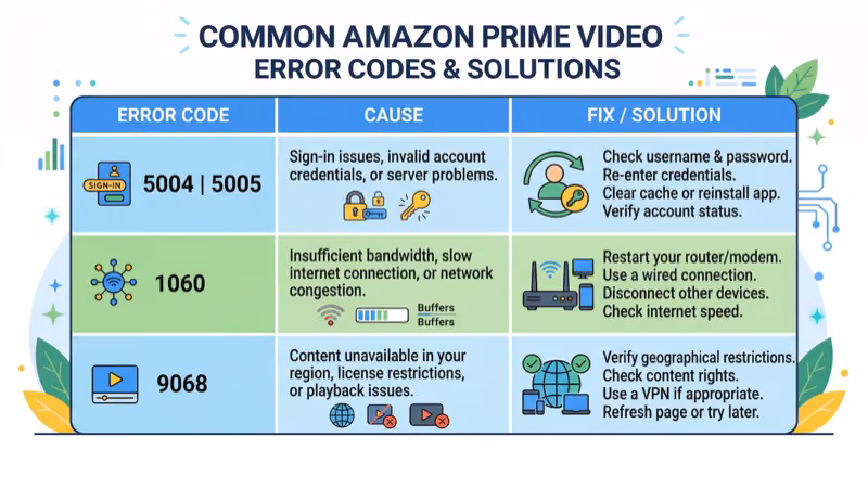 Prime Video error codes displayed on Samsung TV with explanations