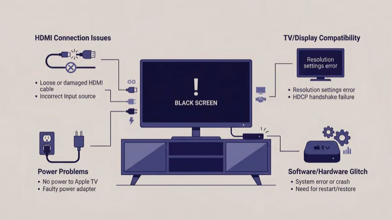 Apple TV connected to TV displaying black screen with status light on