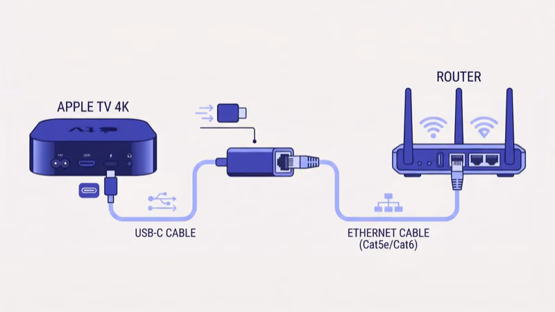Apple TV connected to a router via Ethernet cable for stable 4K streaming