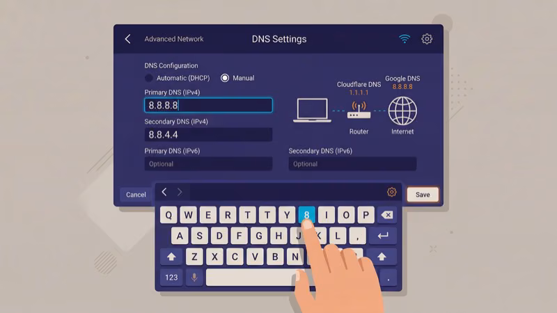 Apple TV DNS configuration screen with Cloudflare and Google DNS addresses entered