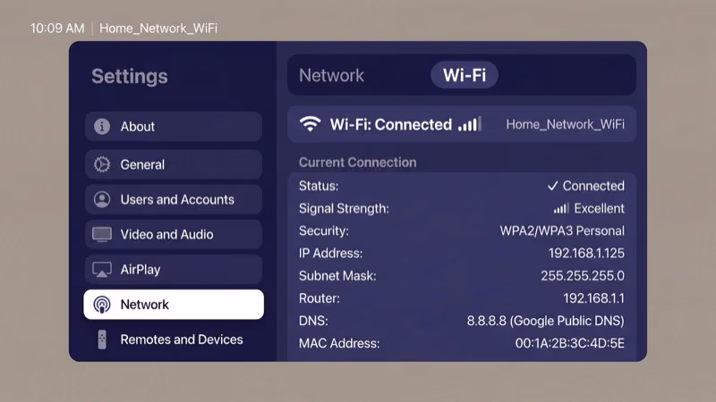 Apple TV network settings screen showing Wi-Fi network forget option