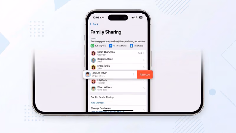 iPhone Family Sharing screen with option to remove and re-add a family member
