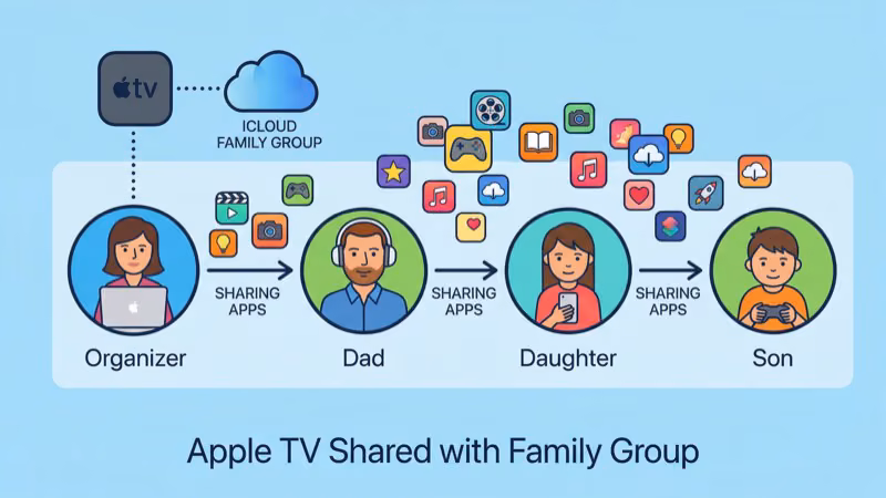 Apple TV settings showing Share My Purchases toggle for Family Sharing