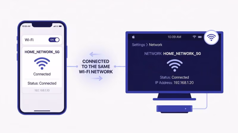 iPhone and Apple TV both connected to the same Wi-Fi network settings screen