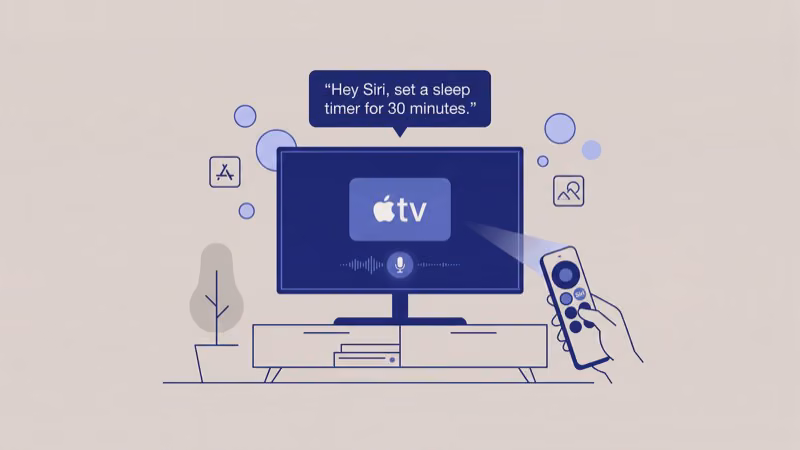 Siri Remote with highlighted button for activating sleep timer voice command