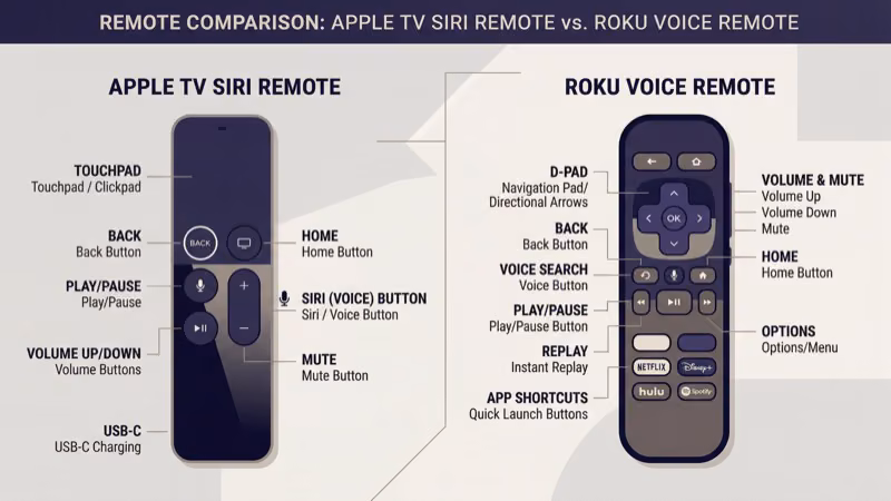 Apple TV Siri Remote versus Roku Voice Remote Pro side by side design comparison