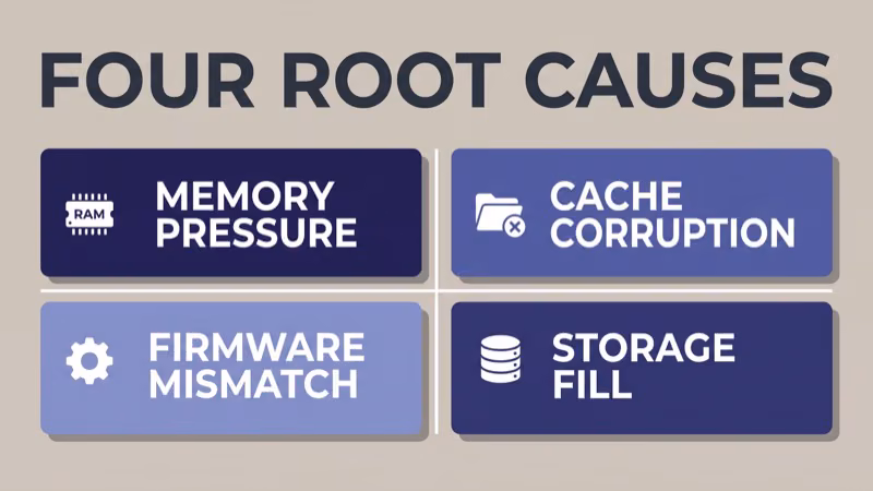 Four-box grid showing memory pressure, cache corruption, firmware mismatch, and storage fill as the four root causes of smart TV app closures