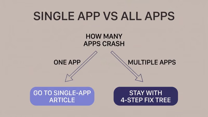 Decision tree flowchart showing the routing between single-app crash article and multi-app OS-level fix tree