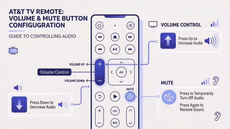AT&T TV remote close-up showing volume up and down buttons with programming mode indicator