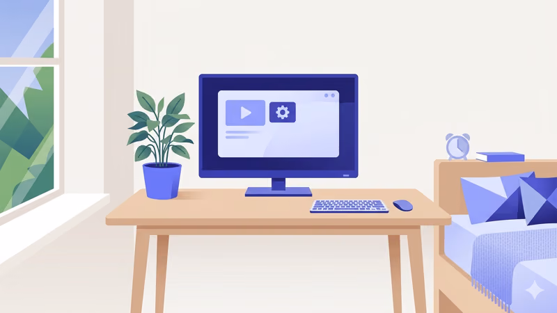 24-inch smart TV placed on a desk setup in a bedroom with keyboard and mouse