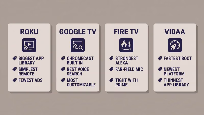 Four smart TV platforms Roku, Google TV, Fire TV, and Vidaa compared with strength labels on a budget tier card layout