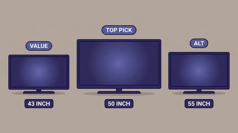 Three TV silhouettes showing 43 inch value, 50 inch top pick, and 55 inch alt choices for the under 500 tier
