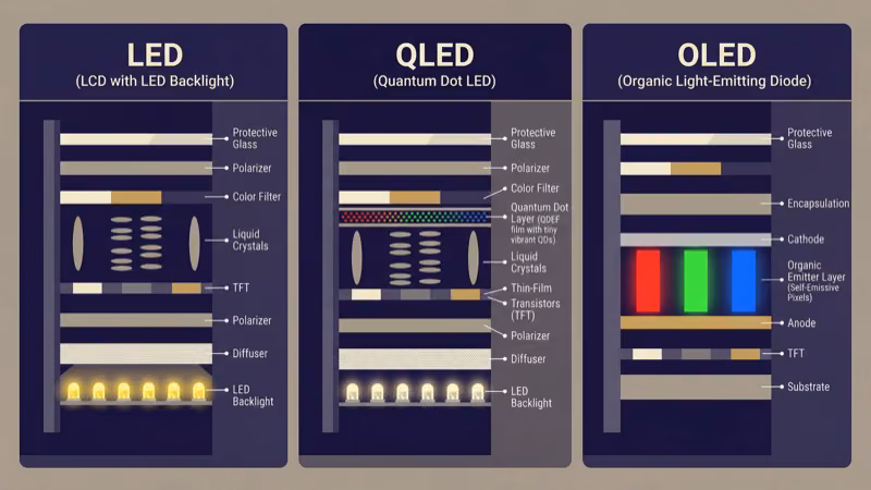 Mini LED versus QLED panel types side by side on 50-inch screens