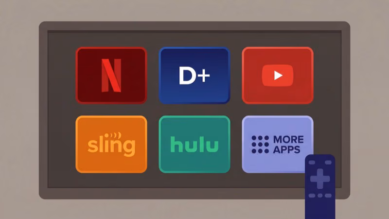 Essential streaming app icons arranged on Android TV home screen