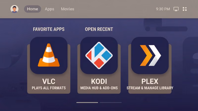 VLC and Kodi media player apps running on Android TV home screen