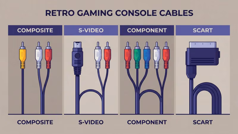 Retro console cables including composite, S-Video, and component RCA connectors compared