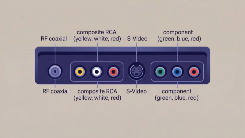 CRT TV rear panel showing component, S-Video, and composite video input ports