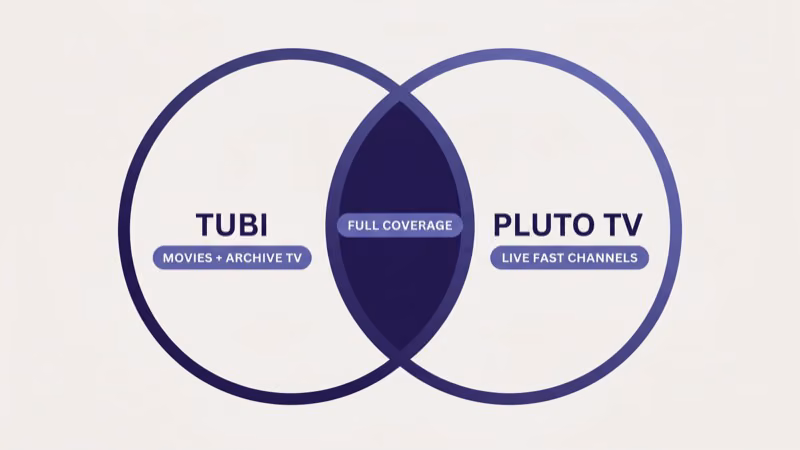 Tubi and Pluto TV Venn diagram showing on-demand and live FAST channel coverage overlap