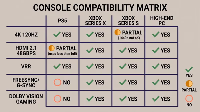 Console compatibility matrix table showing PS5 Xbox Series X Xbox Series S and high-end PC along the top with rows for 4K 120Hz HDMI 2.1 bandwidth VRR FreeSync G-Sync Compatible and Dolby Vision Gaming each cell shaded yes partial or no