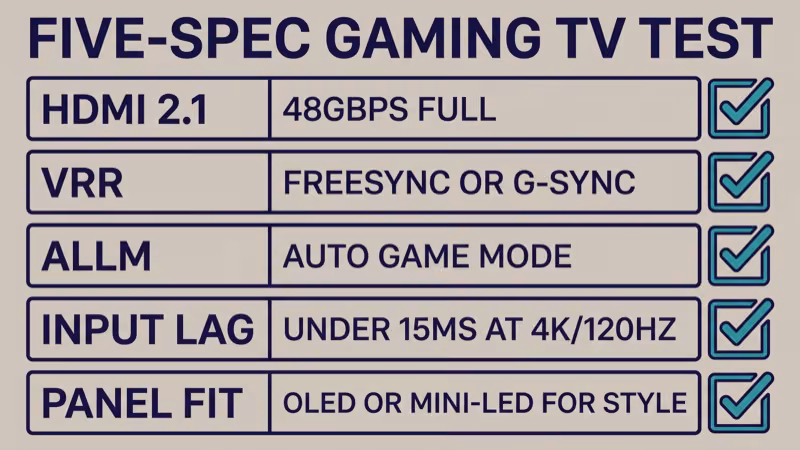 Five-row checklist titled the 5-spec gaming TV test listing HDMI 2.1 full 48Gbps VRR with FreeSync or G-Sync ALLM input lag under 15ms at 4K 120Hz and panel fit for gaming style each row with a checkbox-style indicator