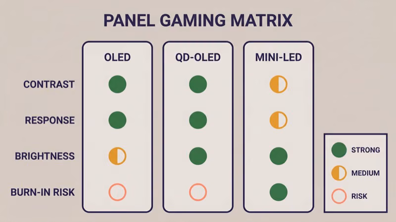 Three-column panel comparison for gaming showing OLED QD-OLED and Mini-LED with rows for contrast response brightness and burn-in risk each cell showing relative strength for gaming use
