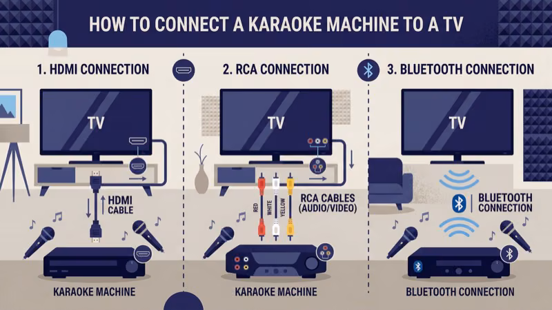 Karaoke machine rear panel showing HDMI RCA and aux connection port options