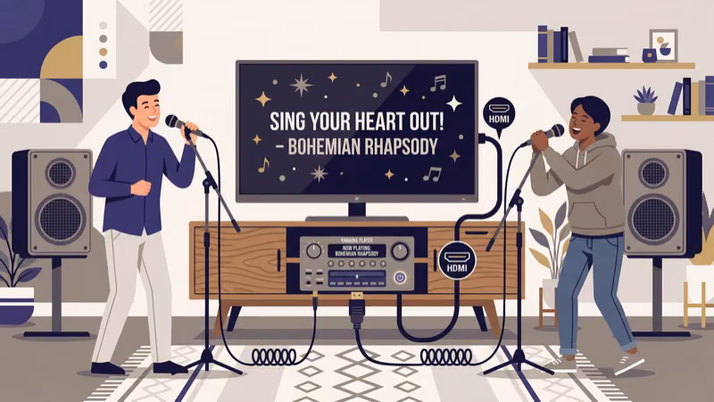 Karaoke machine connected to soundbar with TV displaying lyrics on screen